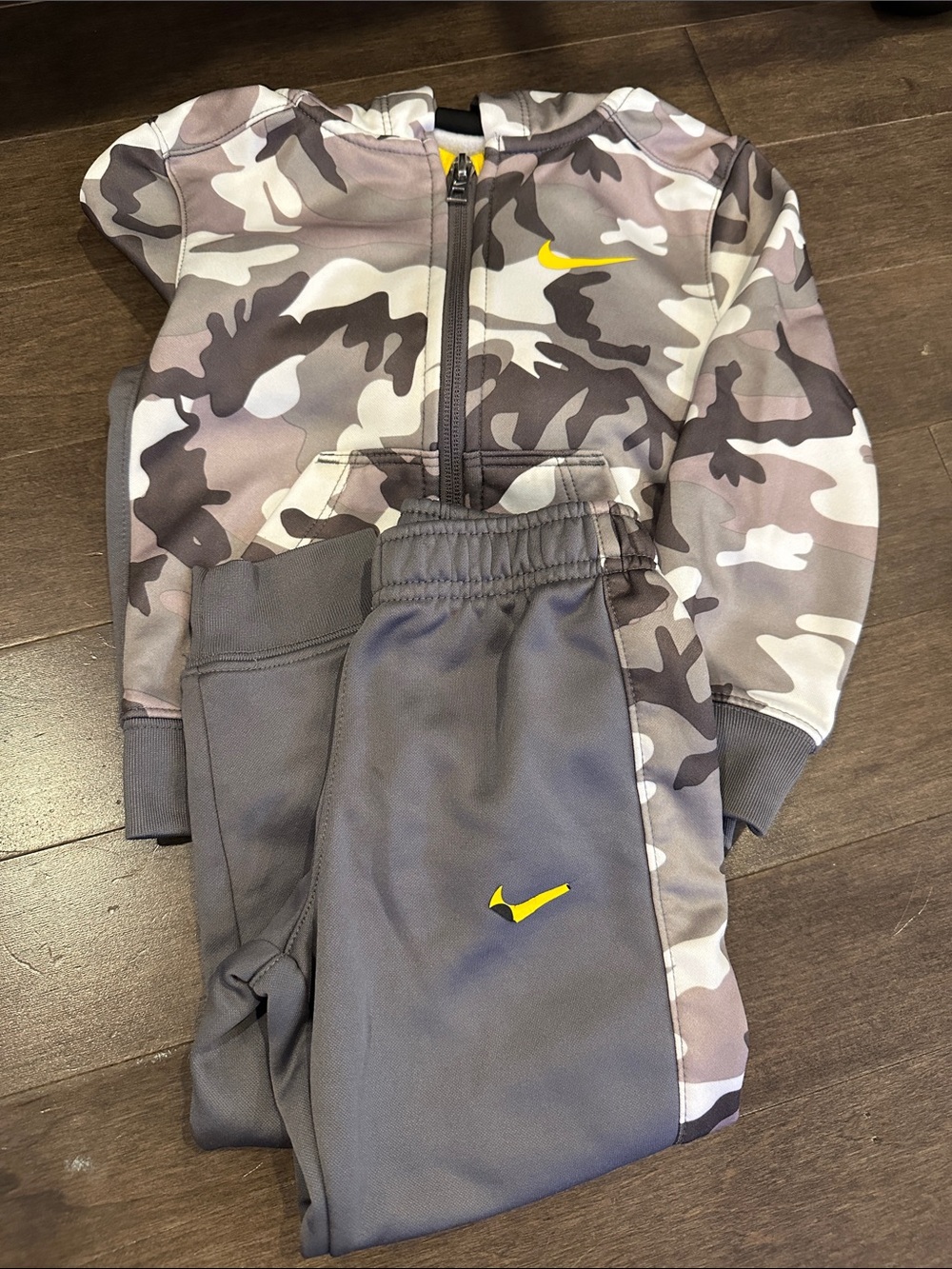 Nike Kids Gray Camo Hoodie & Joggers with Yellow Swoosh